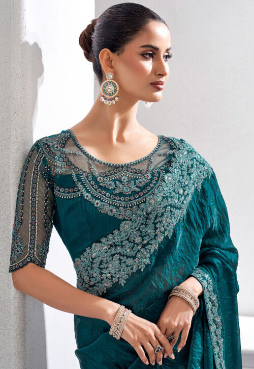 Embroidered Trim Organza Saree in Teal Blue