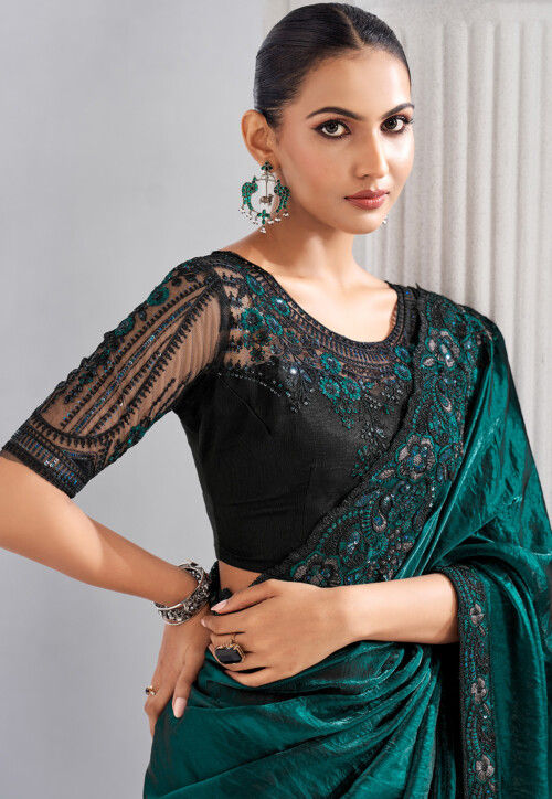 Embroidered Trim Organza Saree in Teal Green