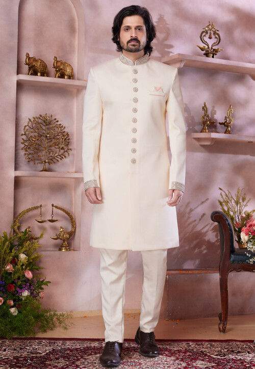 Embroidered Trims Art Silk Sherwani in Cream