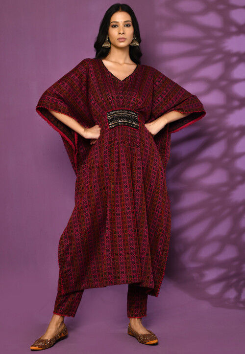 Embroidered Trims Cotton Kaftan Set in Black TGQ132