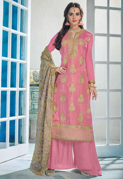 Embroidered Upada Silk Pakistani Suit in Pink : KCH2138