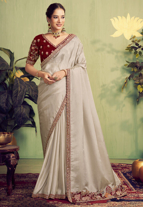 Embroidered Border Upada Silk Saree in Off White
