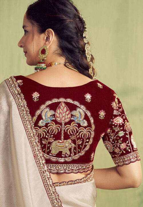 Embroidered Border Upada Silk Saree in Off White