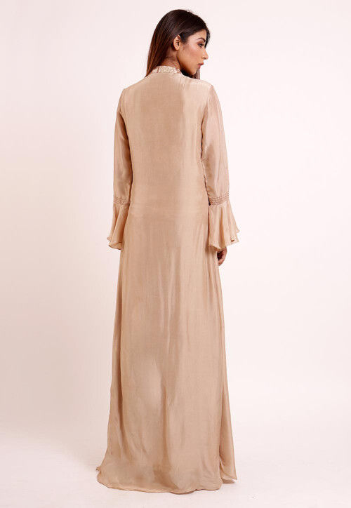 Embroidered Uppada Silk Abaya Style Suit in Light Beige