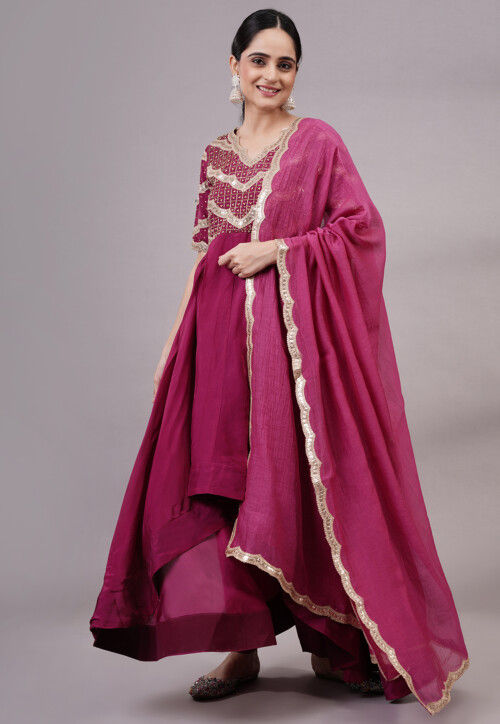 Embroidered Uppada Silk Abaya Style Suit in Magenta