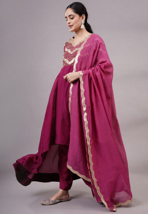 Embroidered Uppada Silk Abaya Style Suit in Magenta