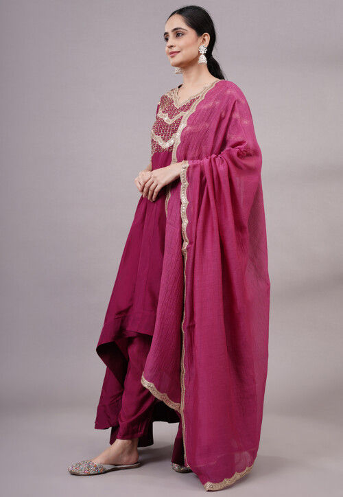 Embroidered Uppada Silk Abaya Style Suit in Magenta