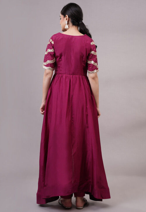 Embroidered Uppada Silk Abaya Style Suit in Magenta