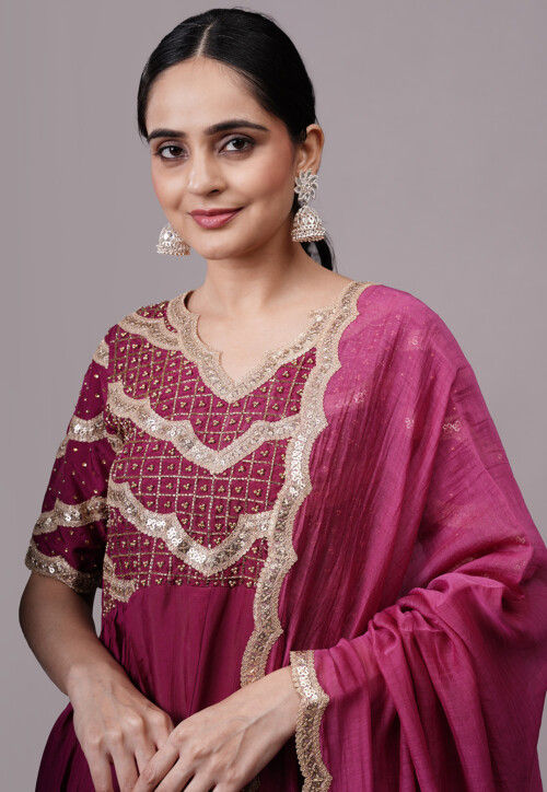 Embroidered Uppada Silk Abaya Style Suit in Magenta