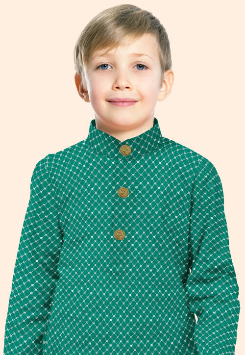 Embroidered Uppada Silk Kurta Set in Teal Green