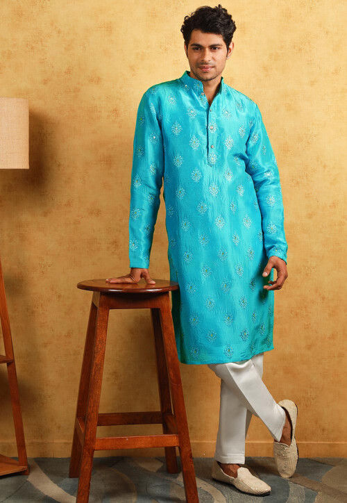 Embroidered Uppada Silk Kurta Set in Turquoise