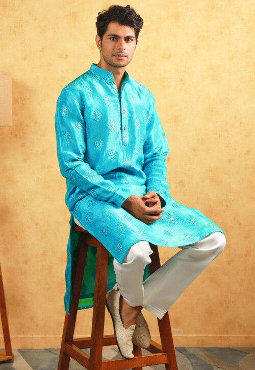 Embroidered Uppada Silk Kurta Set in Turquoise