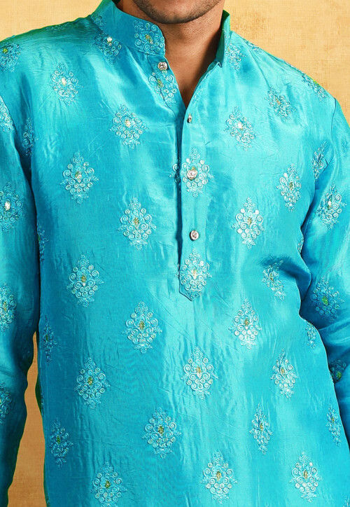 Embroidered Uppada Silk Kurta Set in Turquoise