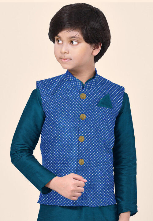 Embroidered Uppada Silk Nehru Jacket in Royal Blue