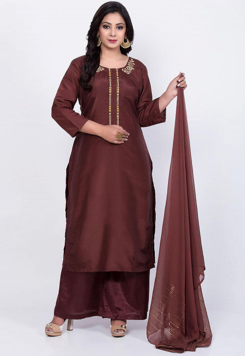 Embroidered Uppada Silk Pakistani Suit in Brown