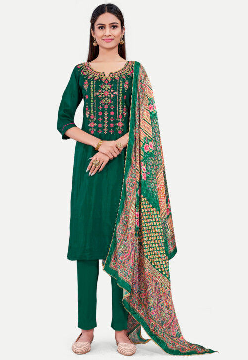 Embroidered Uppada Silk Pakistani Suit in Dark Green