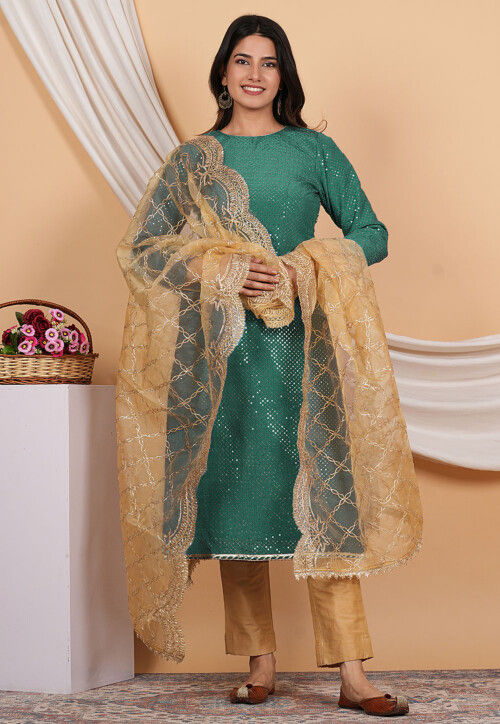 Embroidered Uppada Silk Pakistani Suit in Dark Green