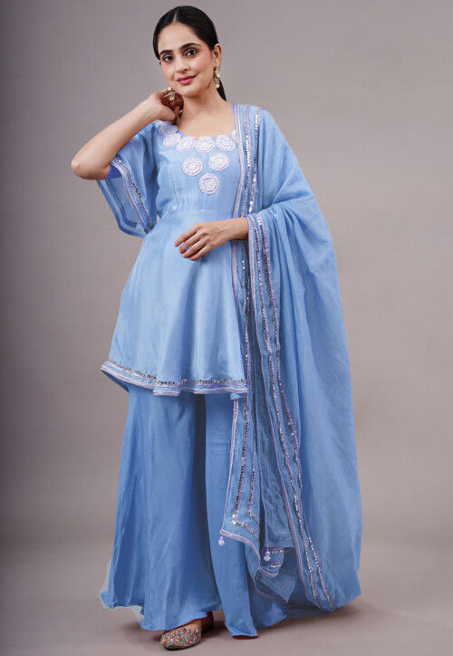 Embroidered Uppada Silk Pakistani Suit in Light Blue