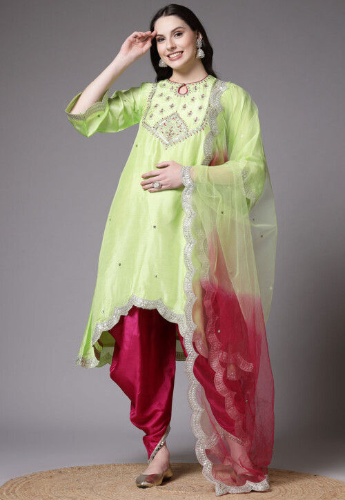Embroidered Uppada Silk Asymmetric Punjabi Suit in Light Green