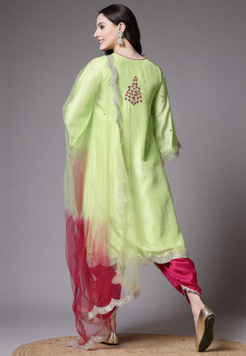 Embroidered Uppada Silk Asymmetric Punjabi Suit in Light Green