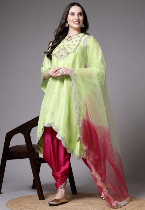 Embroidered Uppada Silk Asymmetric Punjabi Suit in Light Green
