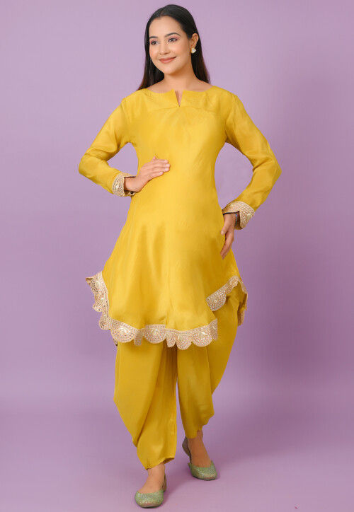 Embroidered Uppada Silk Scalloped Kurta Set in Mustard