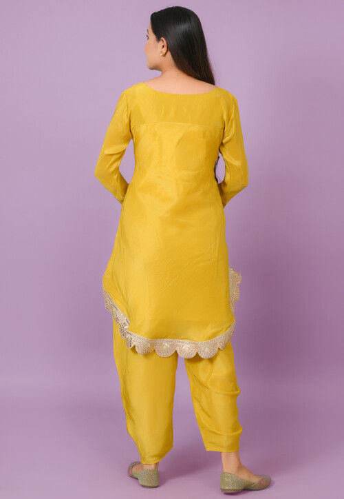 Embroidered Uppada Silk Scalloped Kurta Set in Mustard