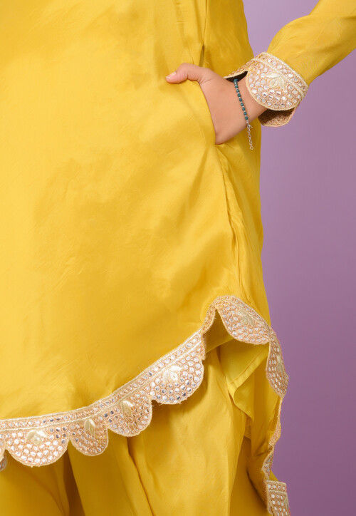 Embroidered Uppada Silk Scalloped Kurta Set in Mustard