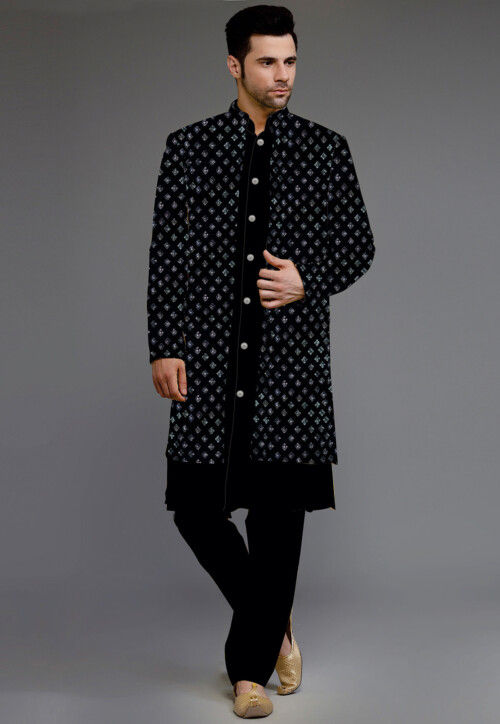Embroidered Uppada Silk Sherwani in Black