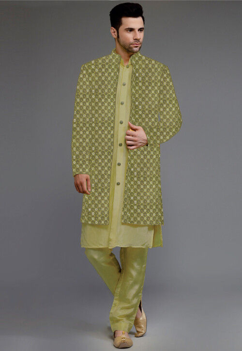 Embroidered Uppada Silk Sherwani in Light Olive Green