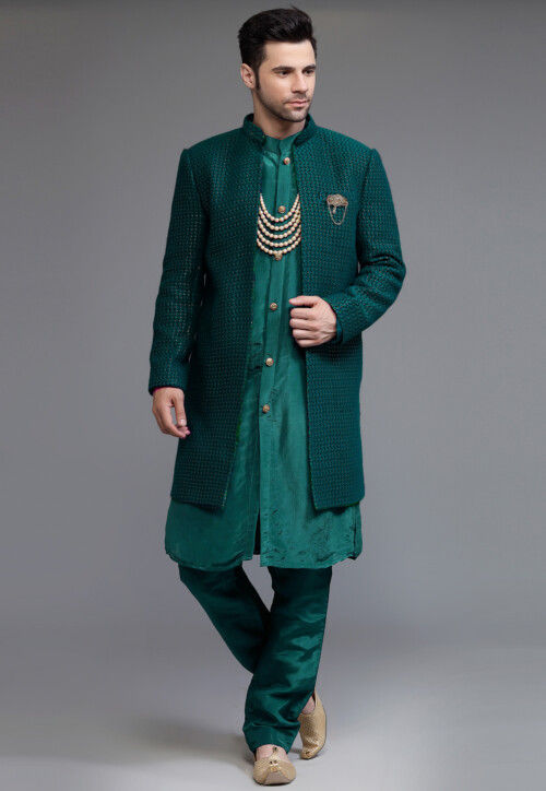 Embroidered Georgette Sherwani in Teal Green