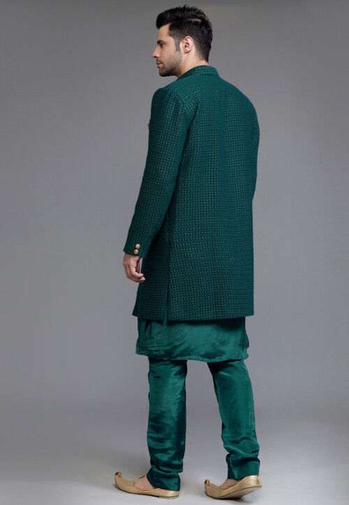 Embroidered Georgette Sherwani in Teal Green