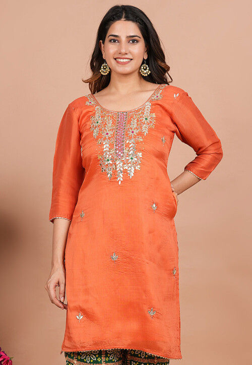 Embroidered Uppada Silk Straight Kurta in Orange