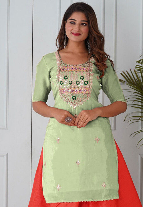 Embroidered Uppada Silk Straight Kurta in Pastel Green