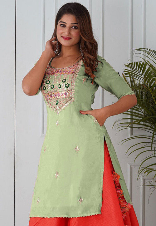 Embroidered Uppada Silk Straight Kurta in Pastel Green