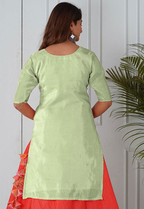 Embroidered Uppada Silk Straight Kurta in Pastel Green