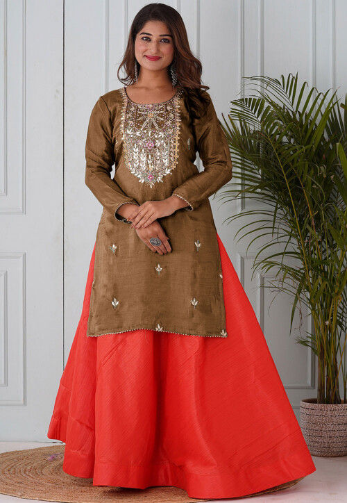 Embroidered Uppada Silk Straight Kurta Set in Brown