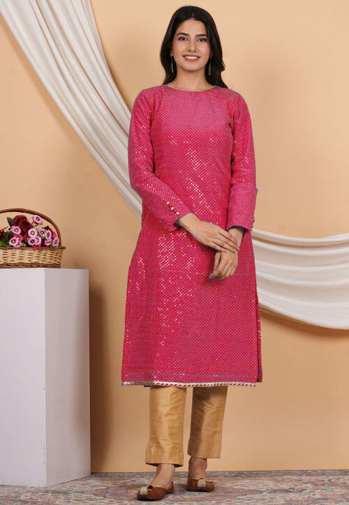 Embroidered Uppada Silk Straight Kurta Set in Pink