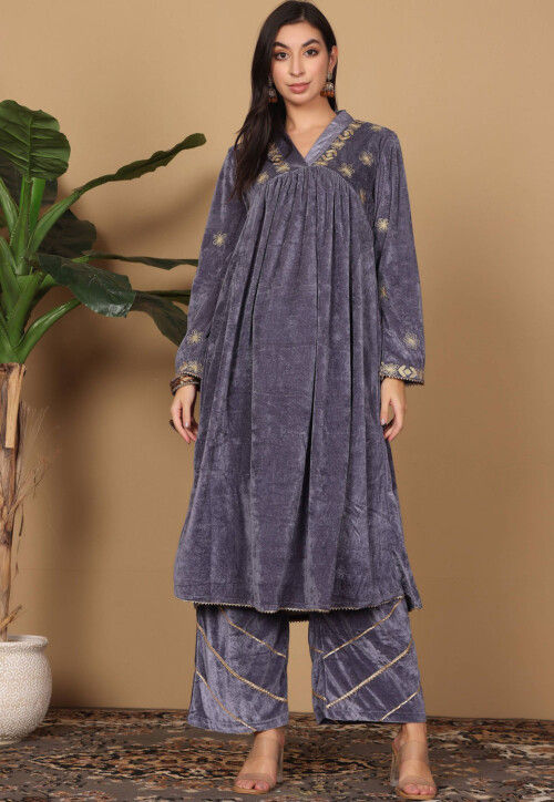 Embroidered Velvet A Line Kurta Set in Dark Grey