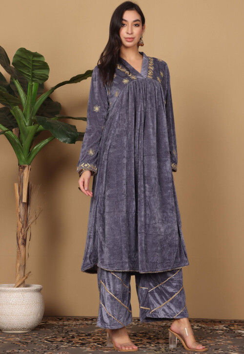 Embroidered Velvet A Line Kurta Set in Dark Grey