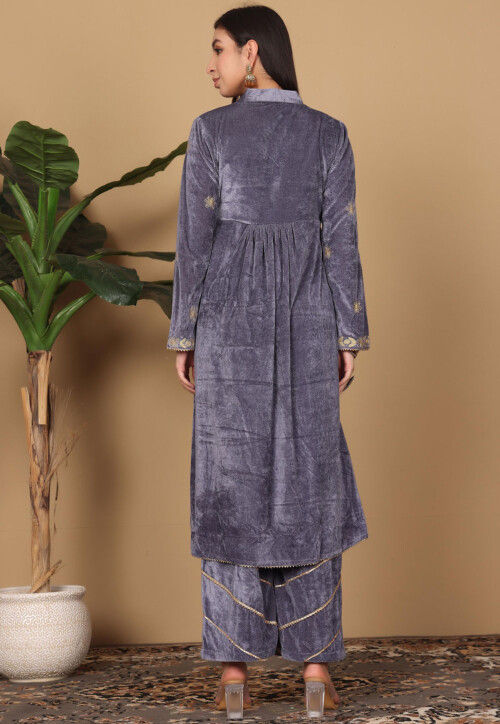 Embroidered Velvet A Line Kurta Set in Dark Grey