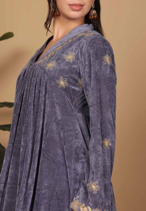 Embroidered Velvet A Line Kurta Set in Dark Grey