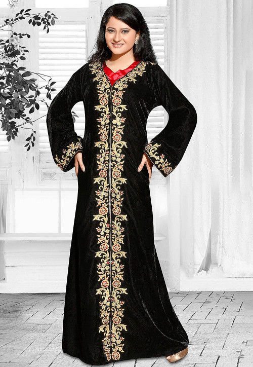 Embroidered Velvet Abaya in Black : QFD297