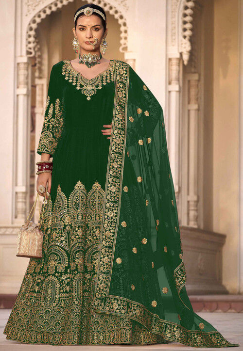 Embroidered Velvet Abaya Style Suit in Green