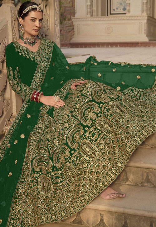 Embroidered Velvet Abaya Style Suit in Green