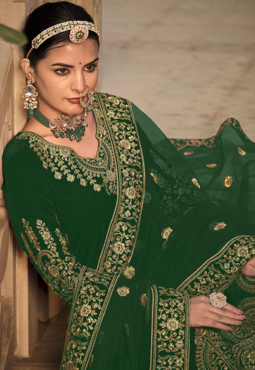 Embroidered Velvet Abaya Style Suit in Green