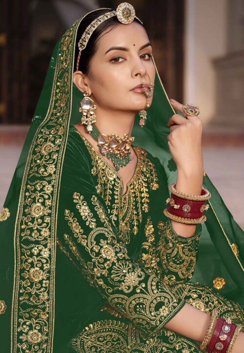Embroidered Velvet Abaya Style Suit in Green