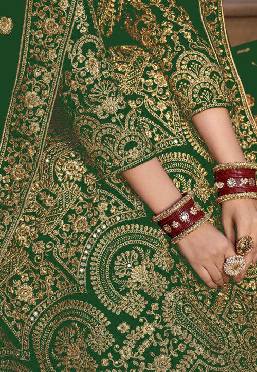 Embroidered Velvet Abaya Style Suit in Green