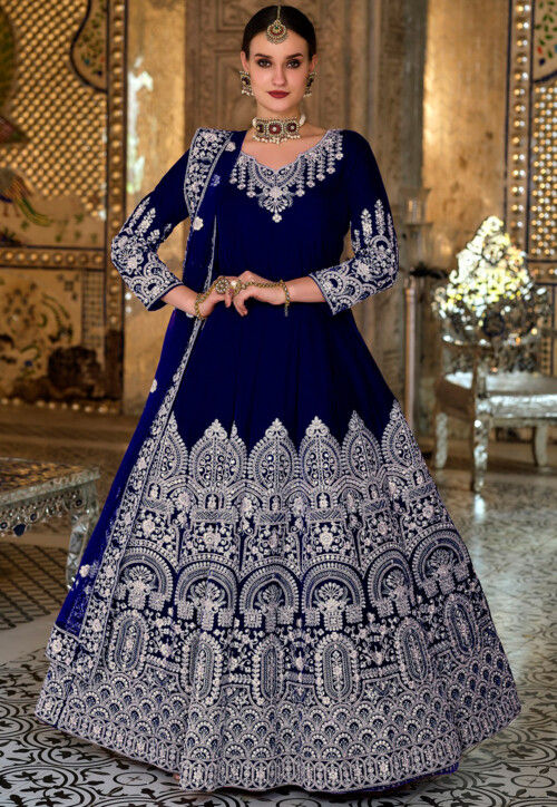Rama Blue Heavy Viscose Velvet Sequence Embroidery Work Gown With Dupatta  Set - PinkSaree
