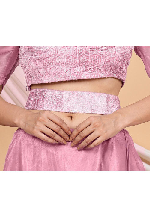 Embroidered Velvet Adjustable Waist Belt in Light Pink